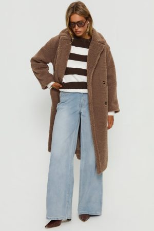 Delora Fluffy Longline Coat Brown