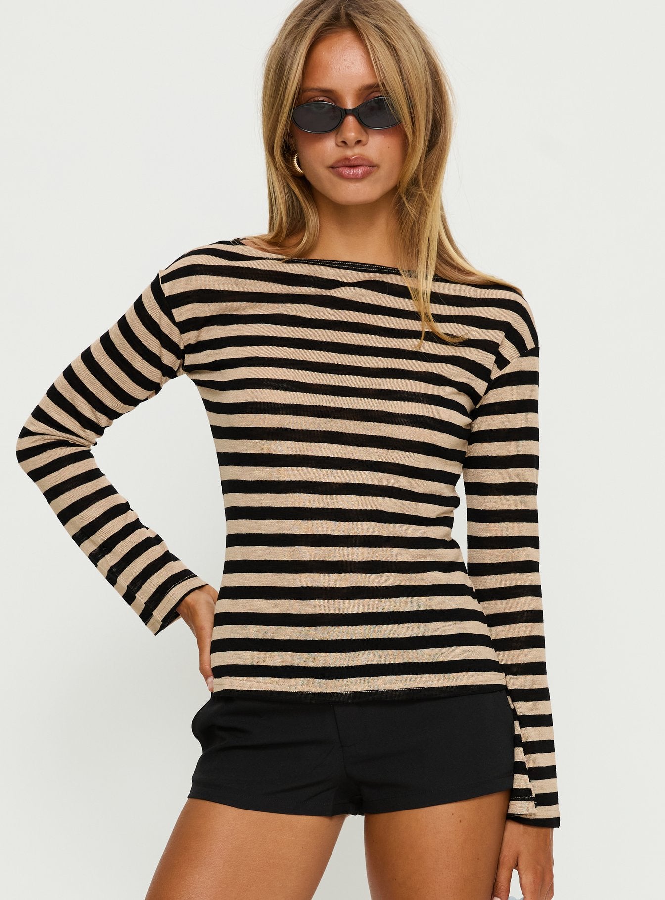 So Composed Boat Neck Long Sleeve Top Latte Stripe - Image 2