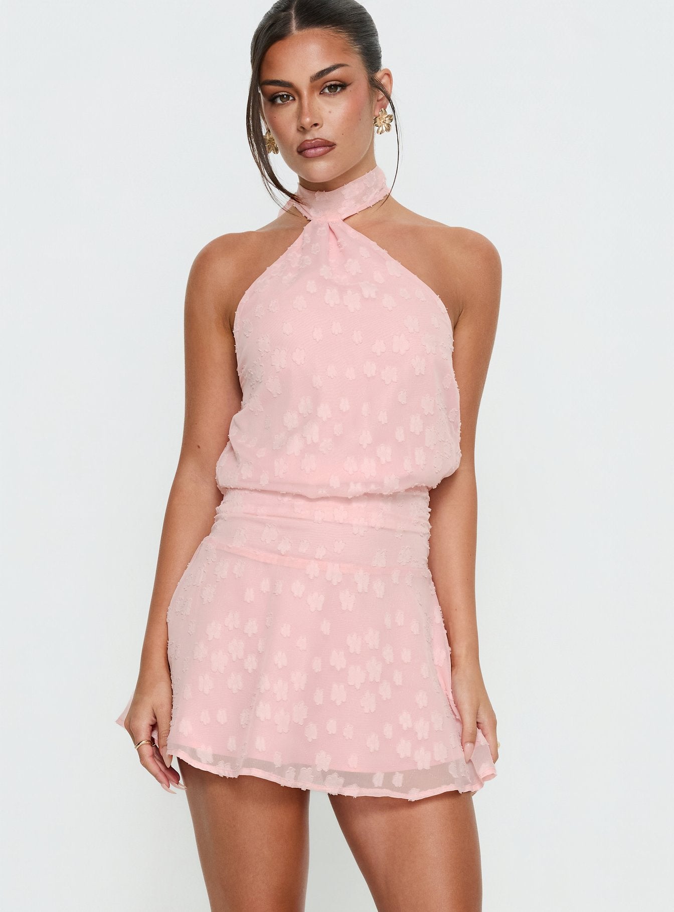Eurythmic Scarf Halter Mini Dress Pink Jacquard - Image 2