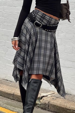 Scholar Asymmetrical Midi Skirt Grey Check