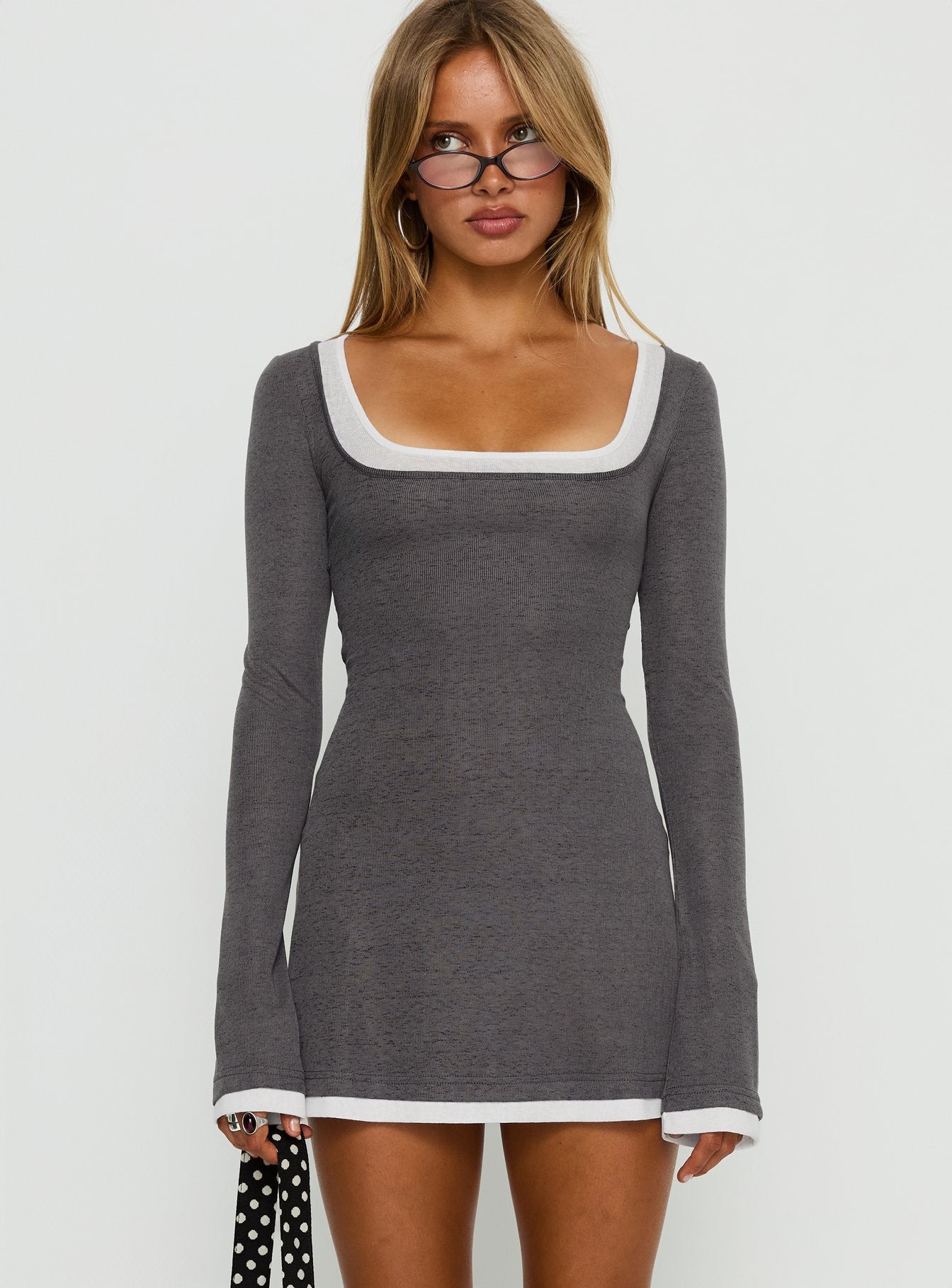 Adoree Long Sleeve Layered Mini Dress Grey / White - Image 2