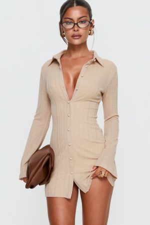 When You Sleep Long Sleeve Mini Dress Beige