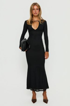 Adesa Long Sleeve Keyhole Plunge Maxi Dress Black