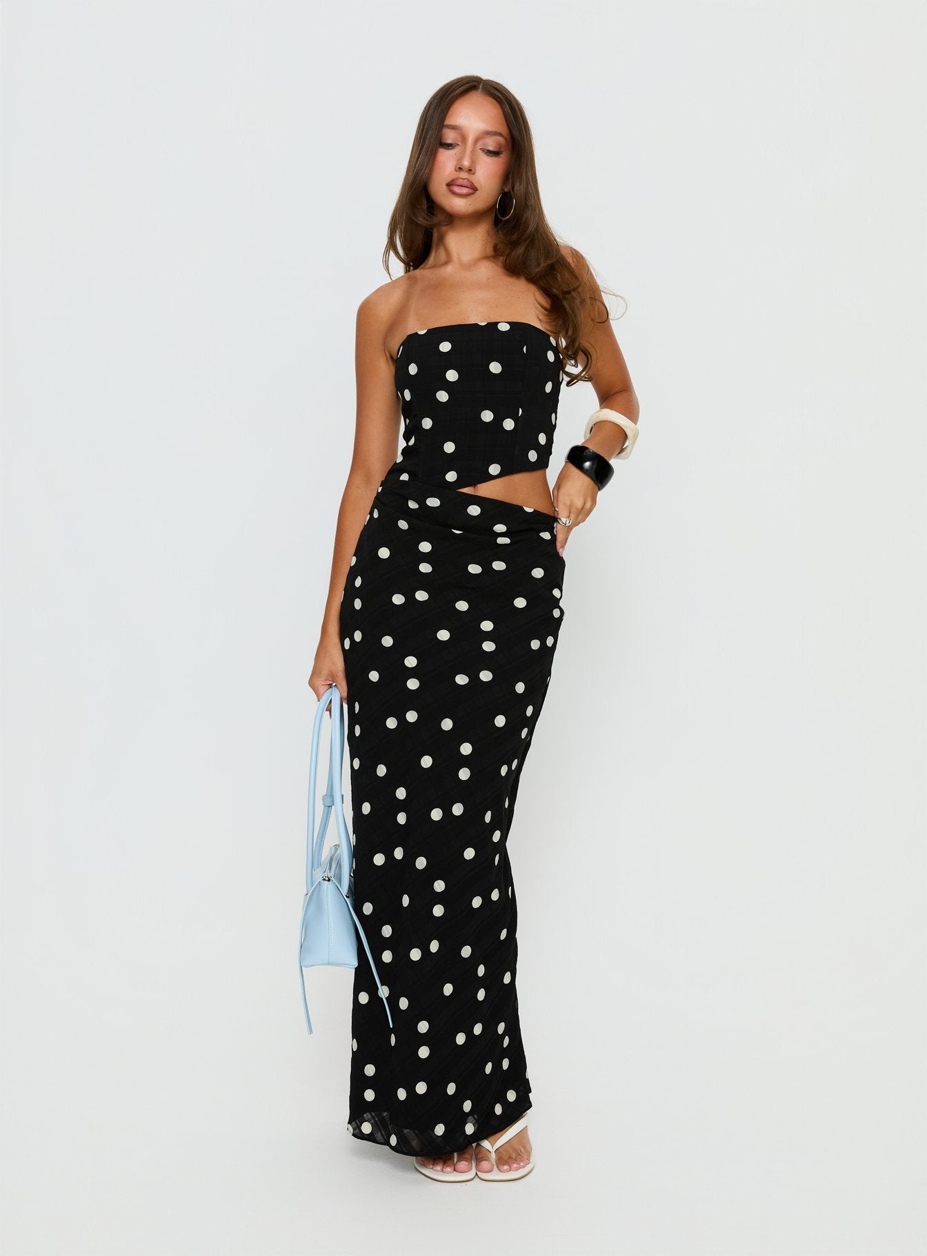 Jasira Strapless Drape Maxi Dress Black Polka Dot - Image 2