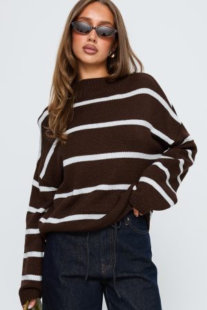 Alara Mock Neck Knit Sweater Brown Stripe