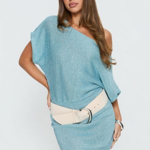 Kysa Off Shoulder Knit Mini Dress Ocean Blue