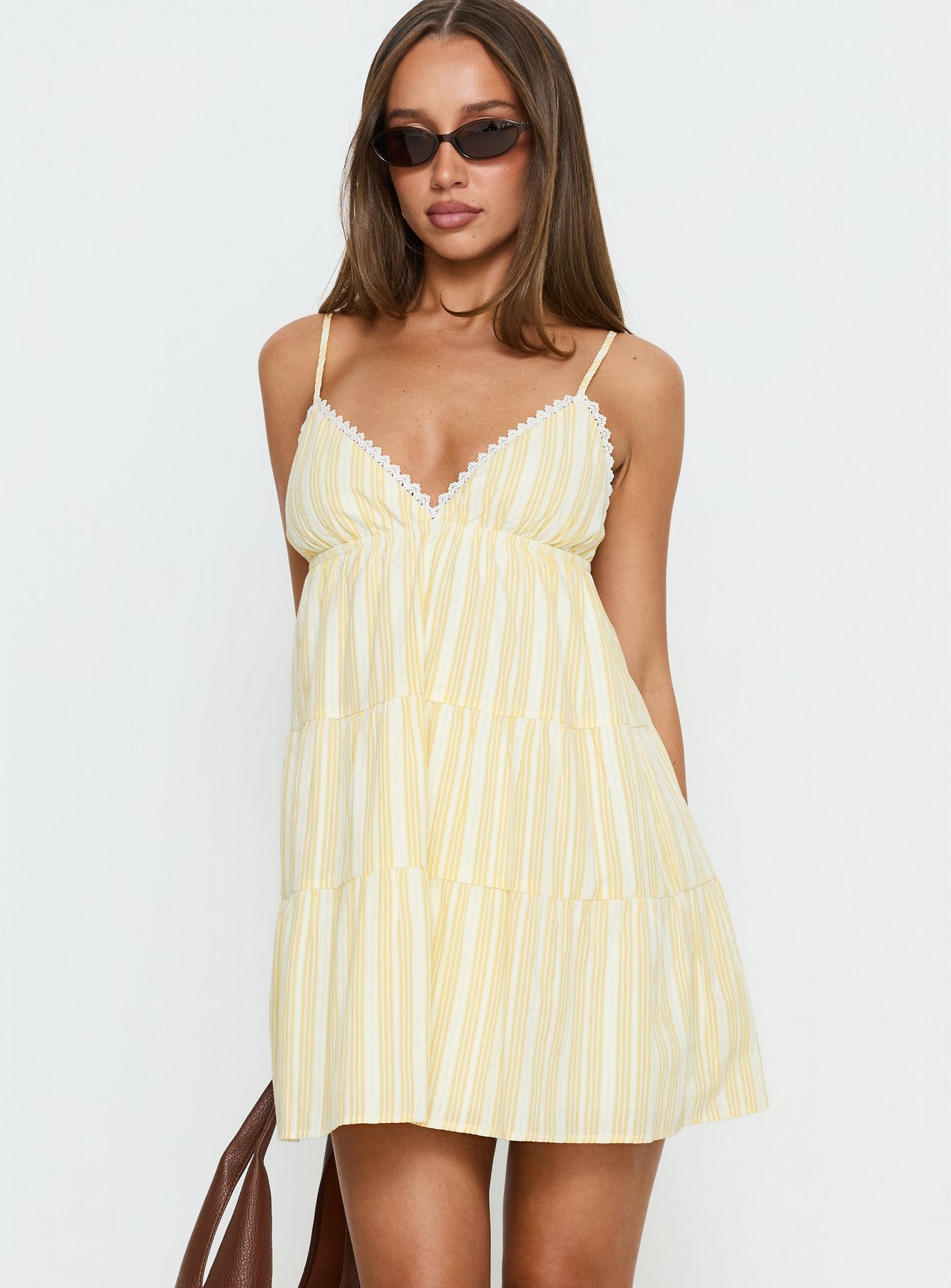Summer Air V Neck Tiered Mini Dress Yellow - Image 2