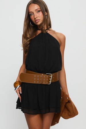 Khamira Halter Shirred Mini Dress Black