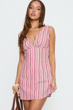 Daphney Plunge Mini Dress Pink Stripe