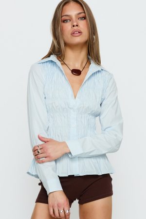 Cultivate Shirred Long Sleeve Top Blue