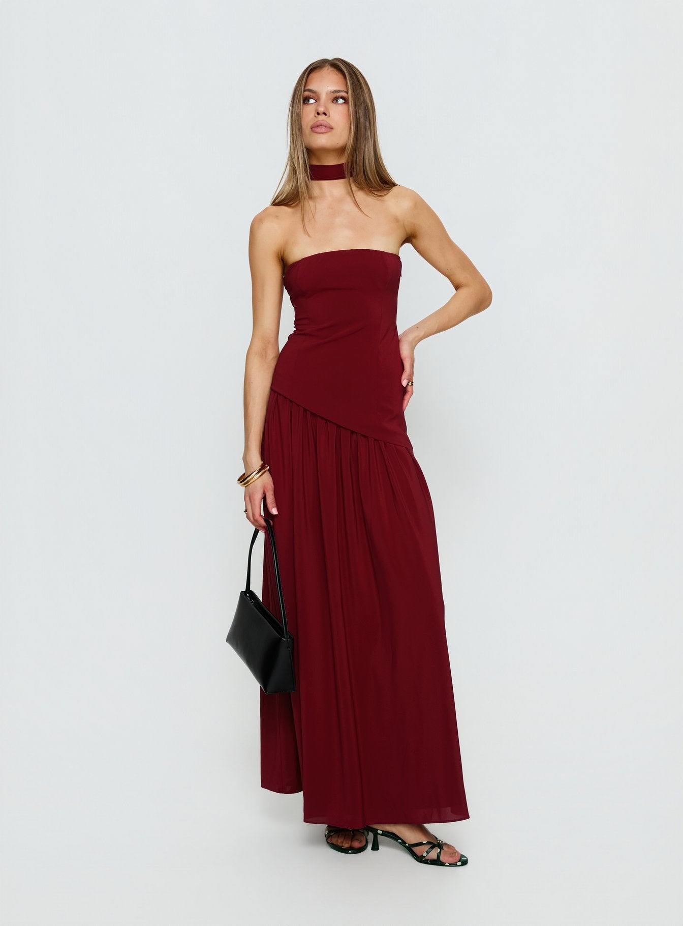 Odela Strapless Drop Waist Maxi Dress Cherry - Image 2