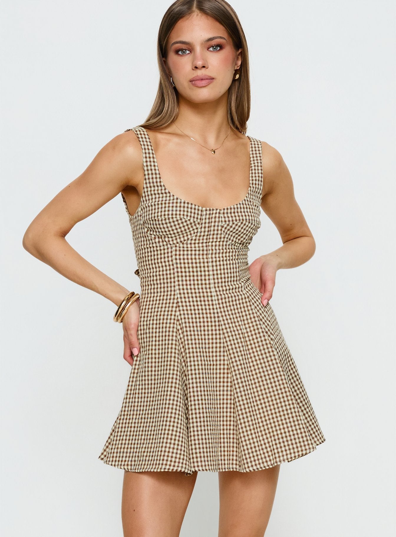 Honeysucker Floaty Playsuit Brown Check - Image 2
