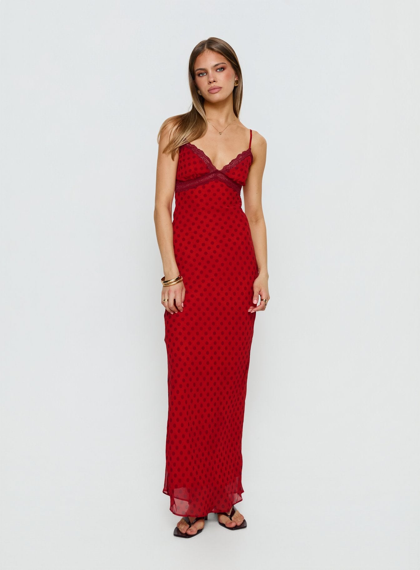 Adasia Lace V Neck Maxi Dress Red Polka Dot - Image 2