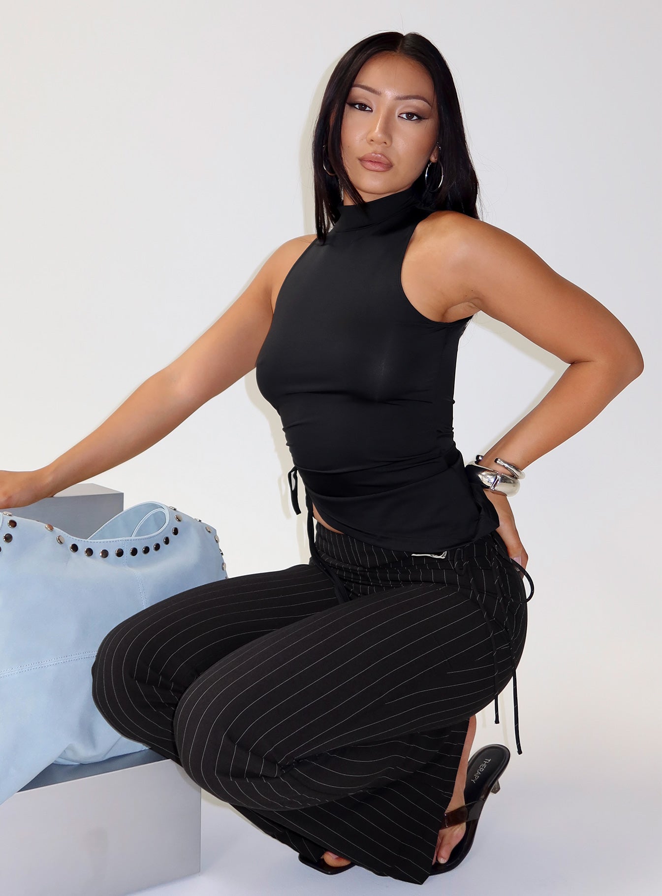 Saveria Tie Detail High Neck Top Black - Image 8