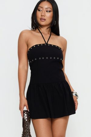 Nidia Eyelet Tie Neck Playsuit Black