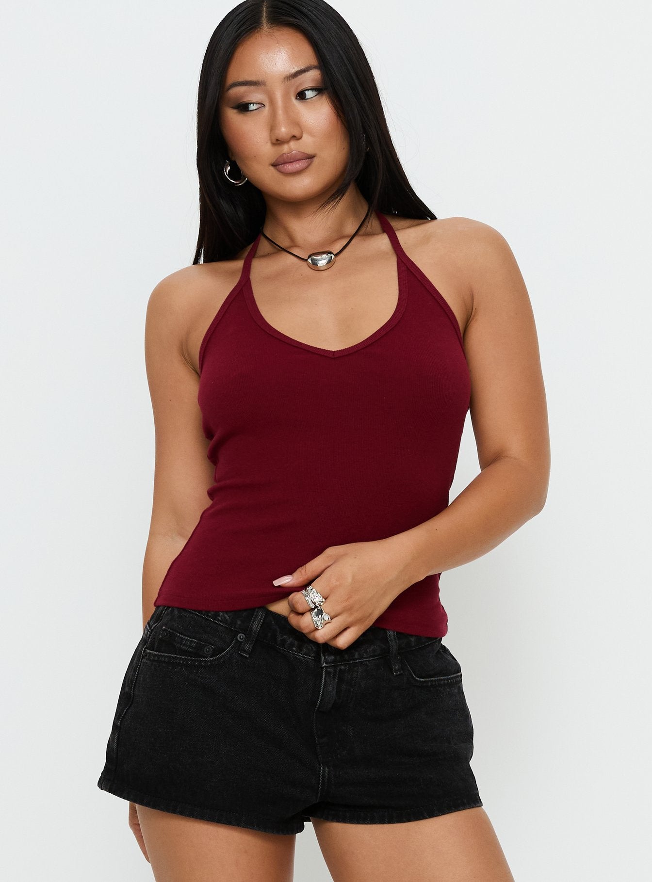 Sentiment V Neck Cami Top Burgundy - Image 2