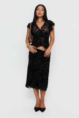 Atira Midi Skirt Leaf Flower Black