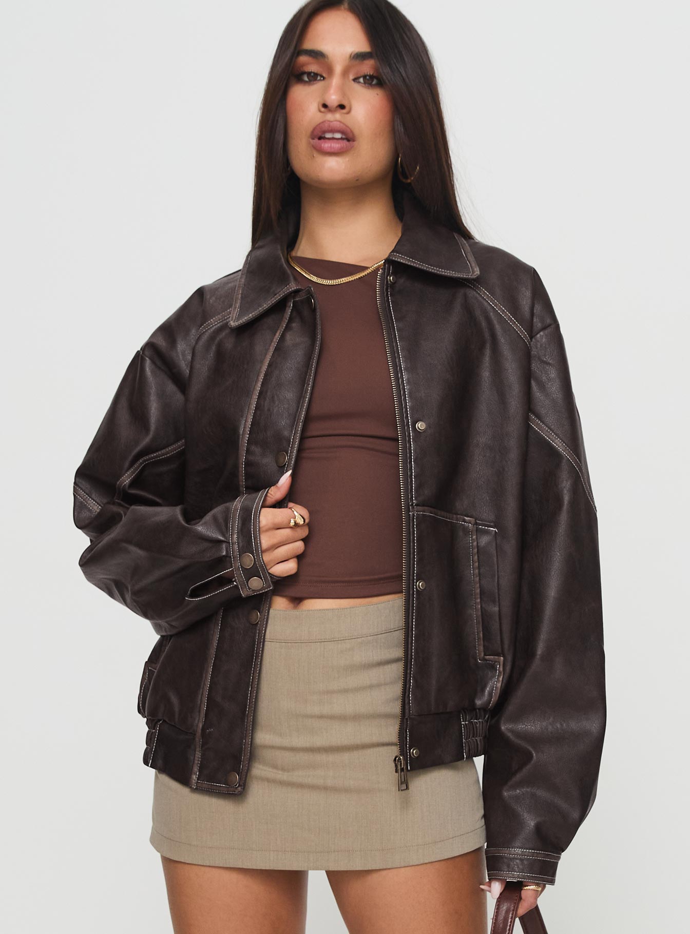 Jaxton Faux Leather Jacket Brown Petite - Image 2