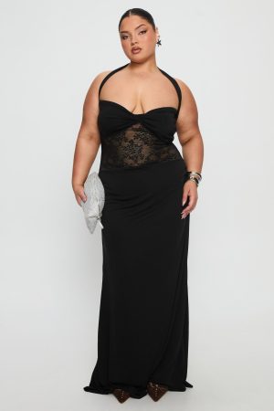 Adalyne Lace Halter Maxi Dress Black Curve