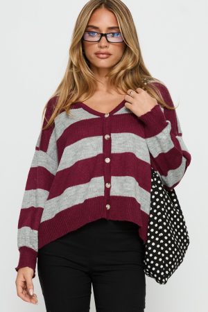 Devvon V Neck Knit Cardigan Red Stripe