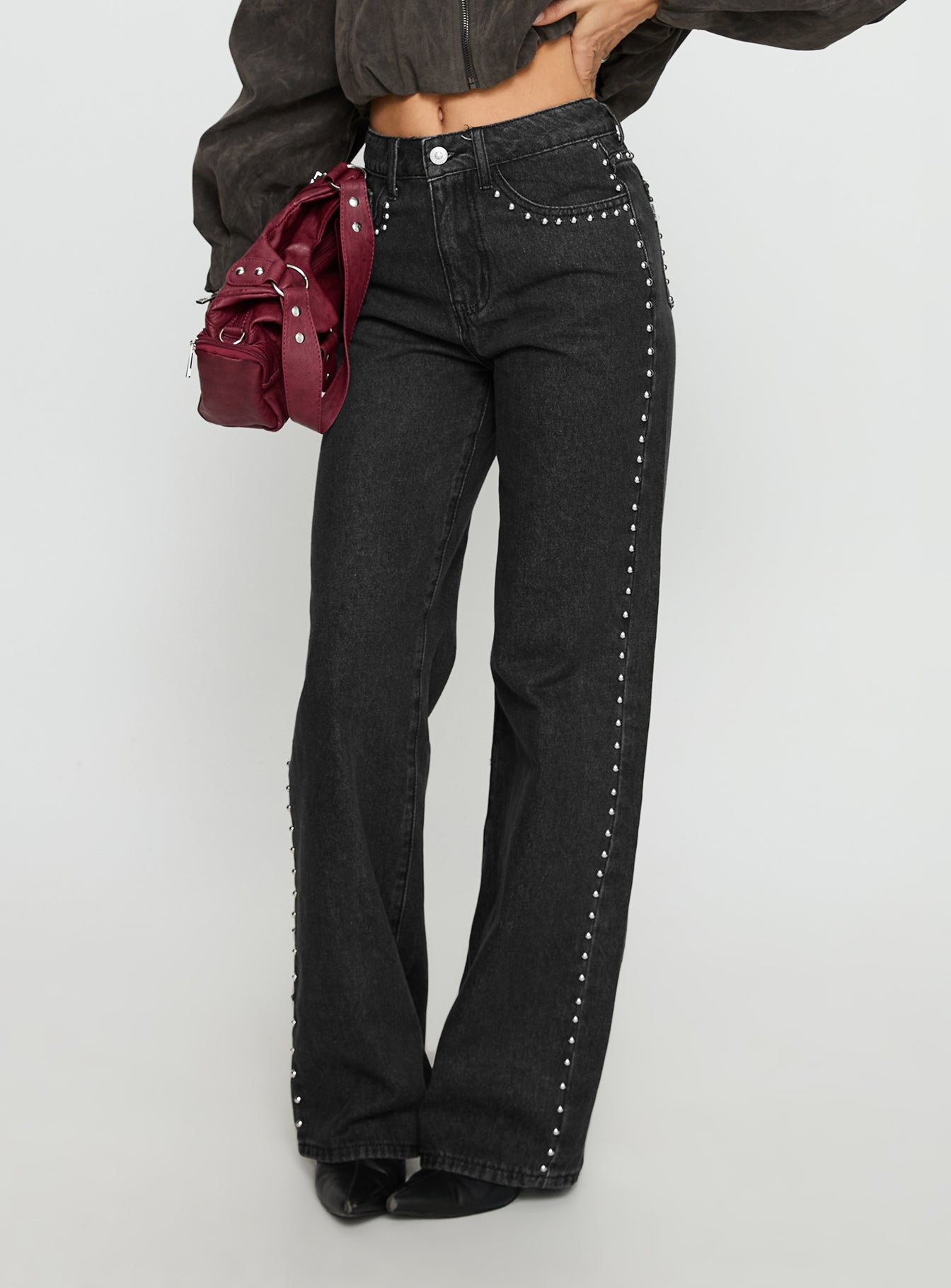 Saving Up Mid Rise Straight Leg Studded Jeans Jet Black - Image 2