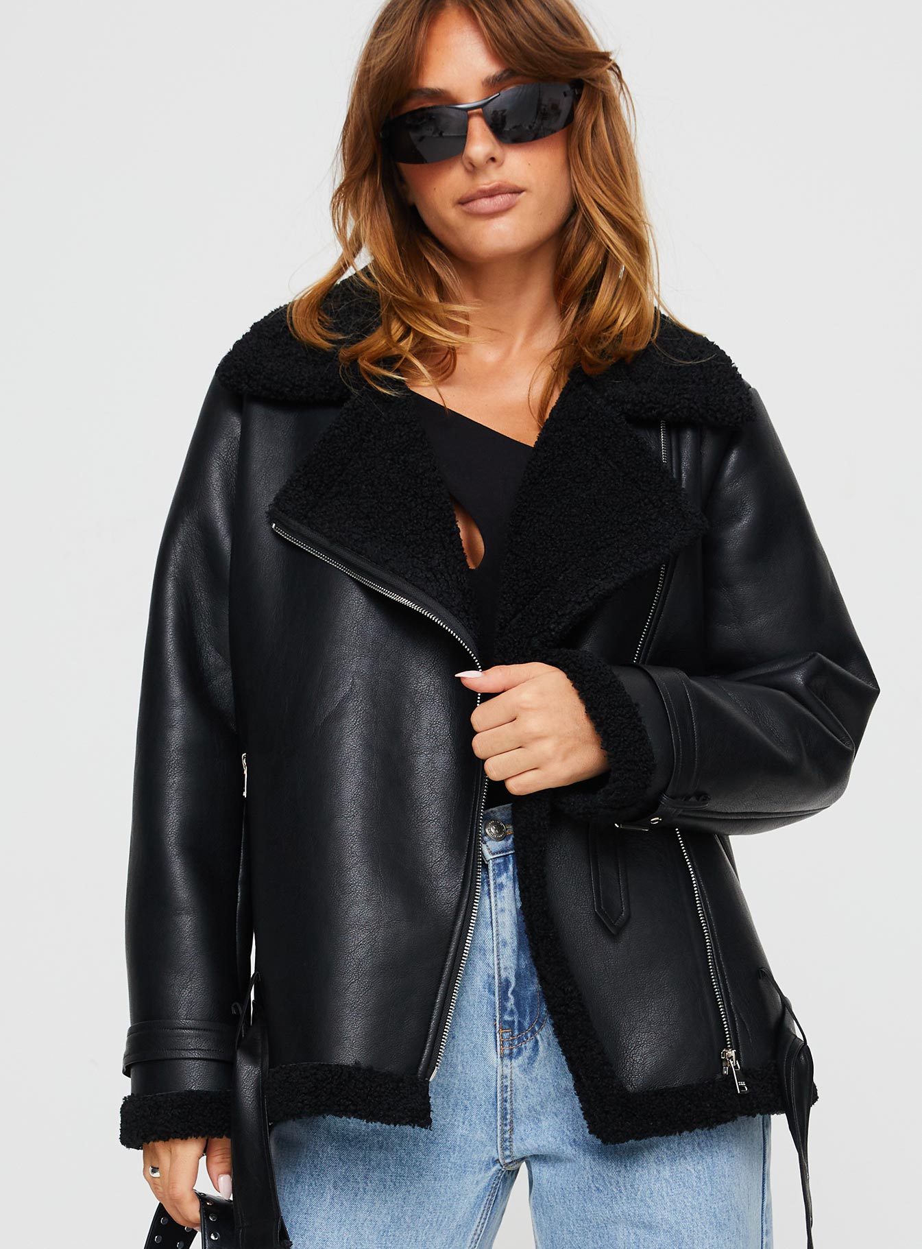 Maudie Shearling Faux Leather Jacket Black - Image 4