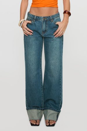 Toros Mid Rise Wide Leg Foldover Denim Jeans Mid Blue