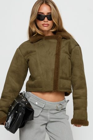 Swooning Cropped Faux Suede Jacket Green