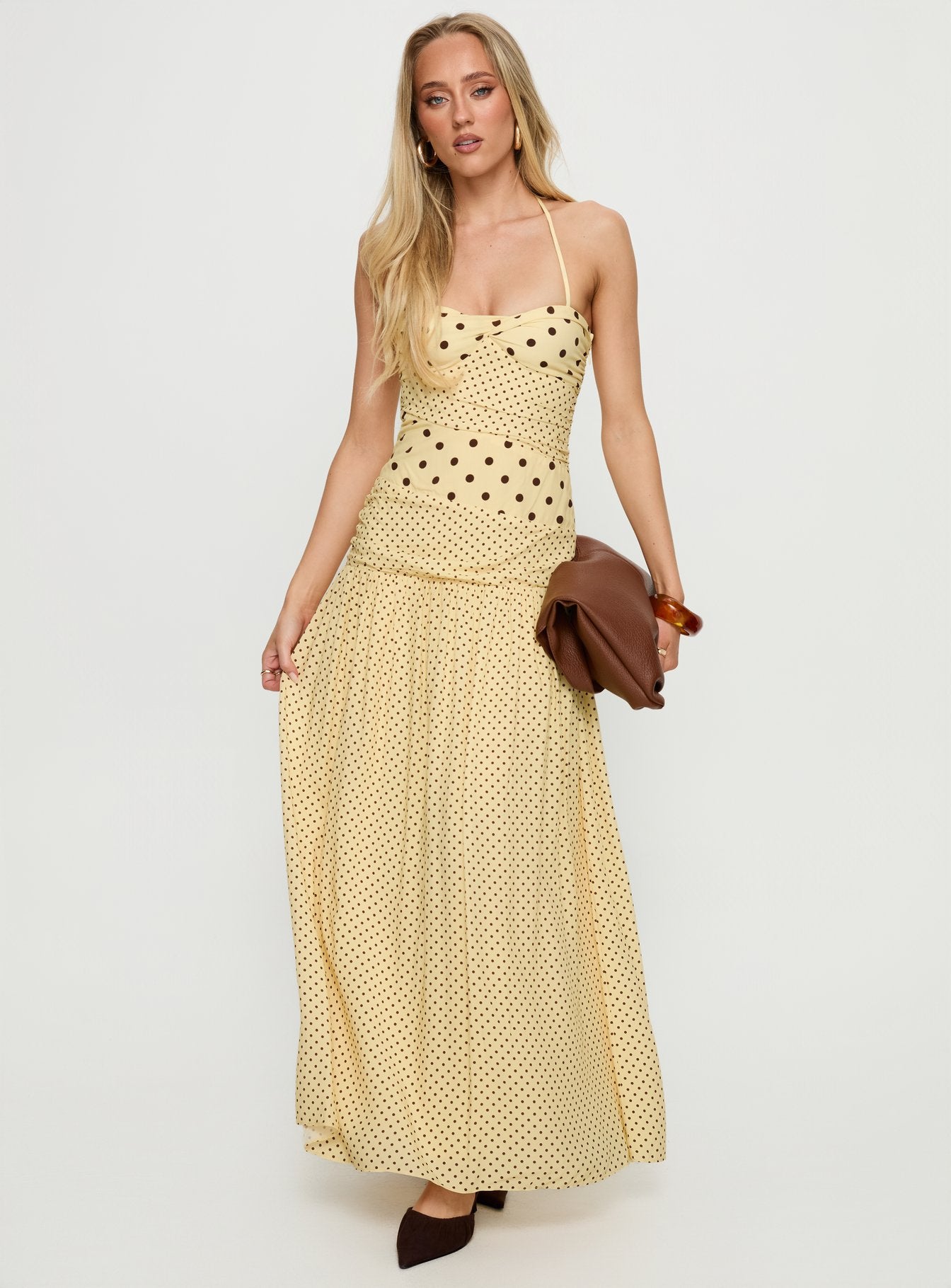 Marguerite Halter Maxi Dress Lemon / Brown Polka Dot - Image 2