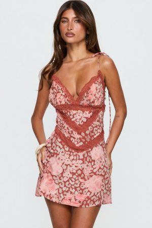 Orithia Lace Trim Playsuit Red / Pink Leopard