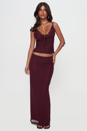 Reiko Lace Trim Tie Front Maxi Set Burgundy