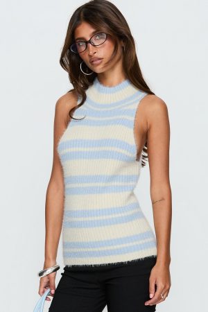 Heide High Neck Fluffy Top Blue Stripe