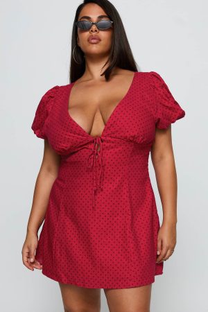 Beloved Puff Sleeve Linen Blend Mini Dress Red Polka Curve