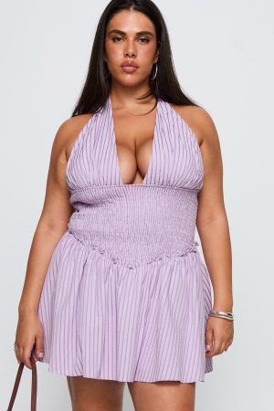 Attracted Halter Mini Dress Purple Stripe Curve