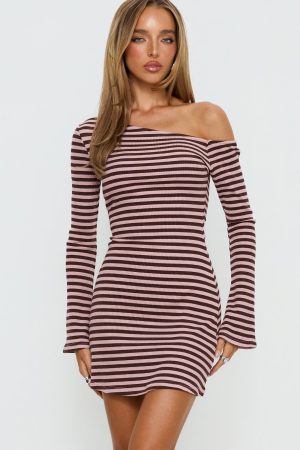 Adrietta Long Sleeve Off Shoulder Mini Dress Chocolate / Pink Stripe