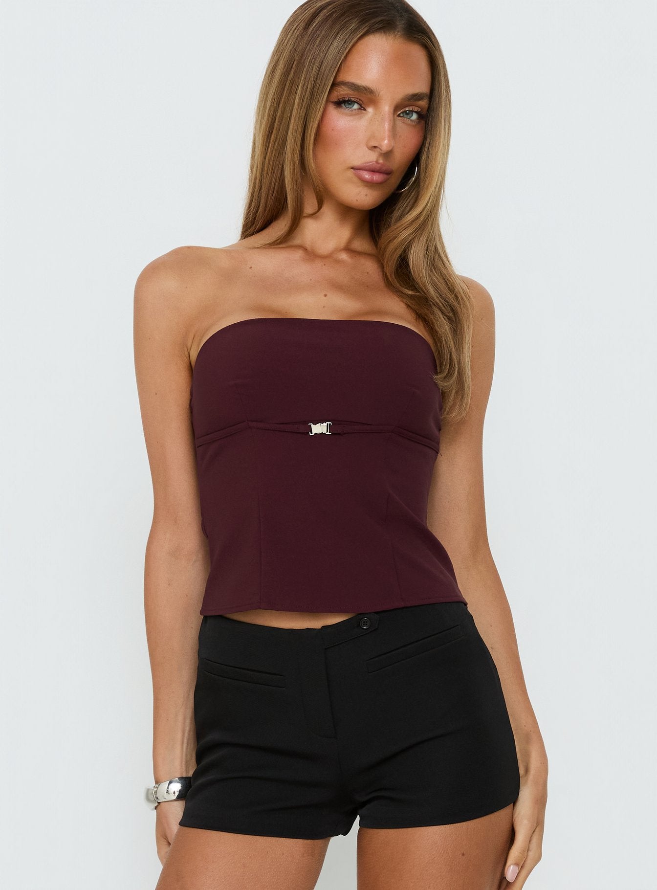 Flounce Strapless Top Plum - Image 2