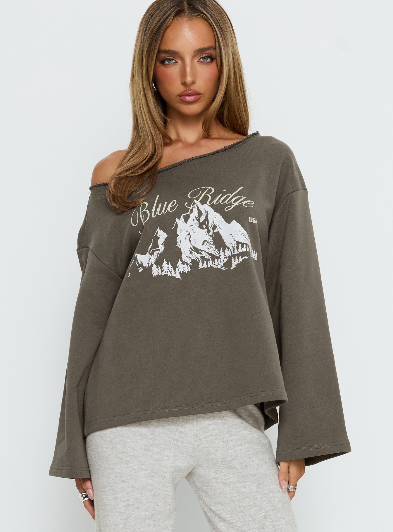 Blue Ridge Mountains Off Shoulder Graphic Sweater Grey - Image 2