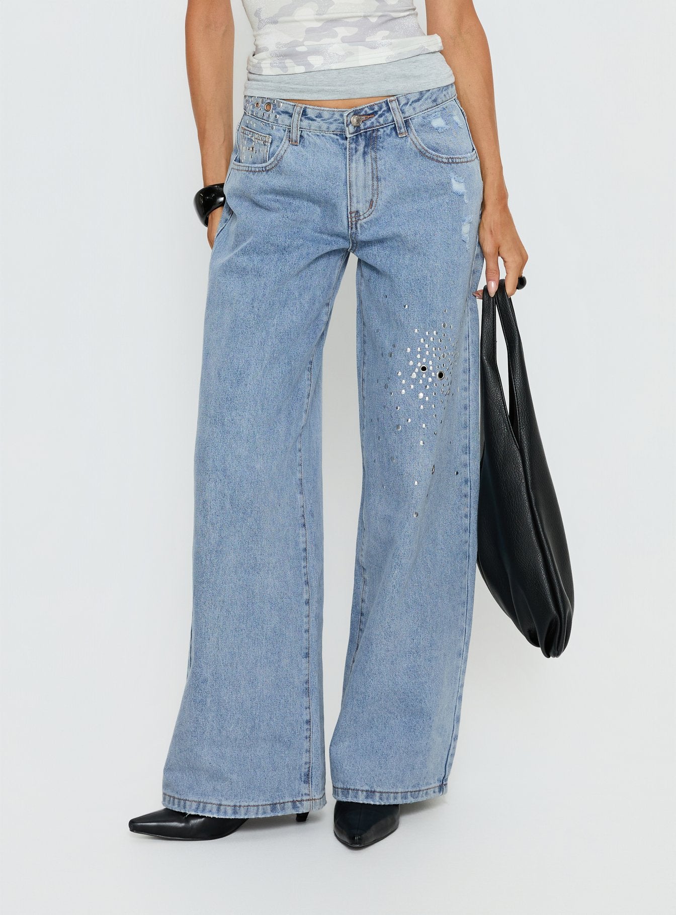 Candi Mid Rise Wide Leg Studded Jeans Light Blue Wash - Image 2