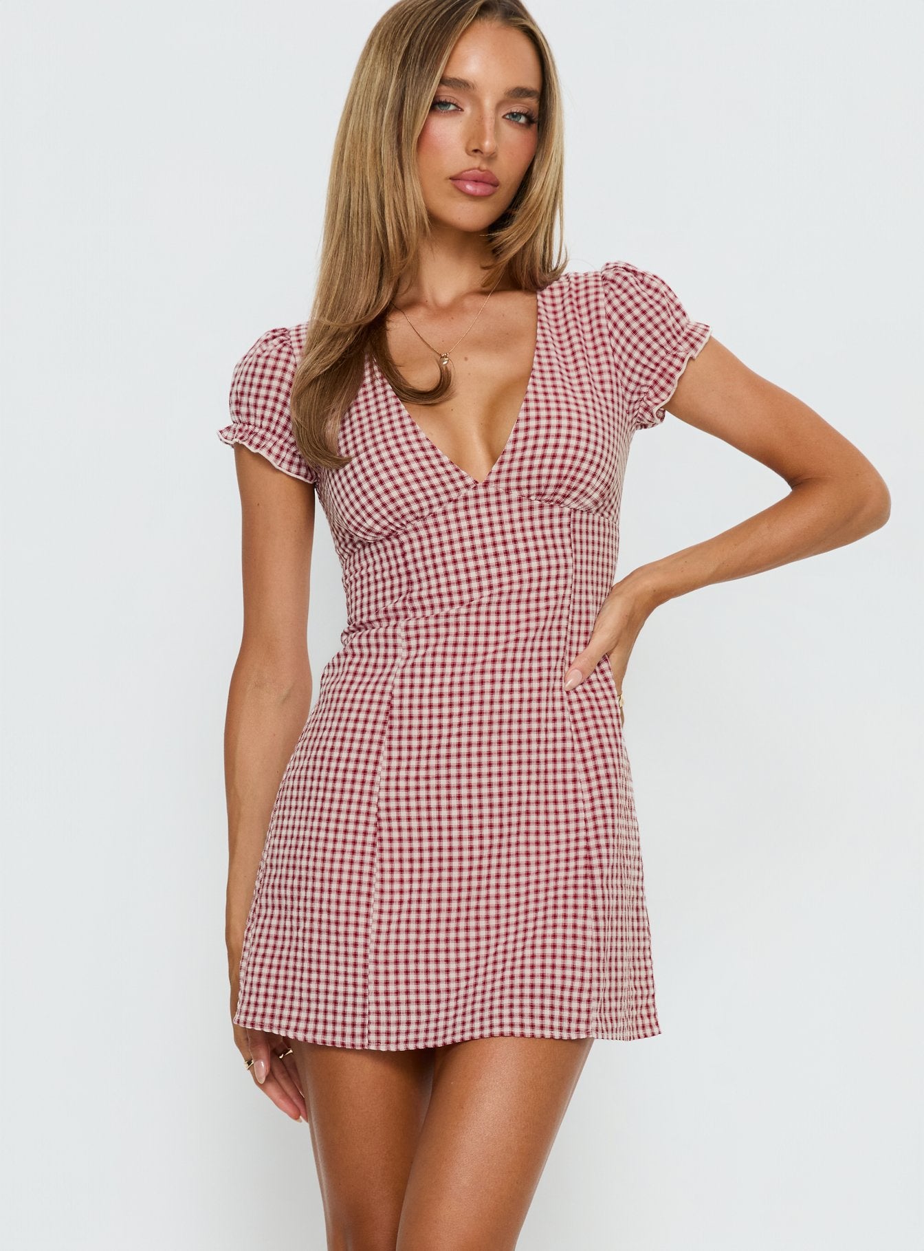 Mystee Plunge Neck Playsuit Burgundy Gingham - Image 2