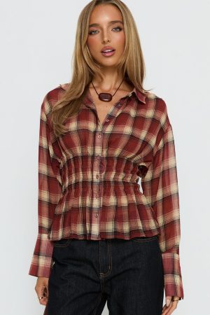 As You Are Shirred Button Up Top Red Check