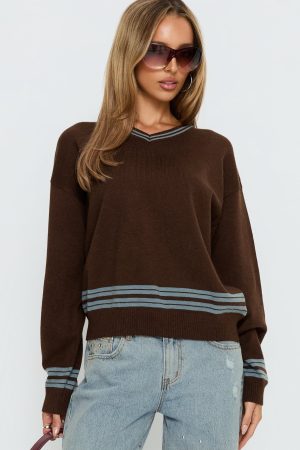 Yarnia V Neck Jumper Brown / Blue