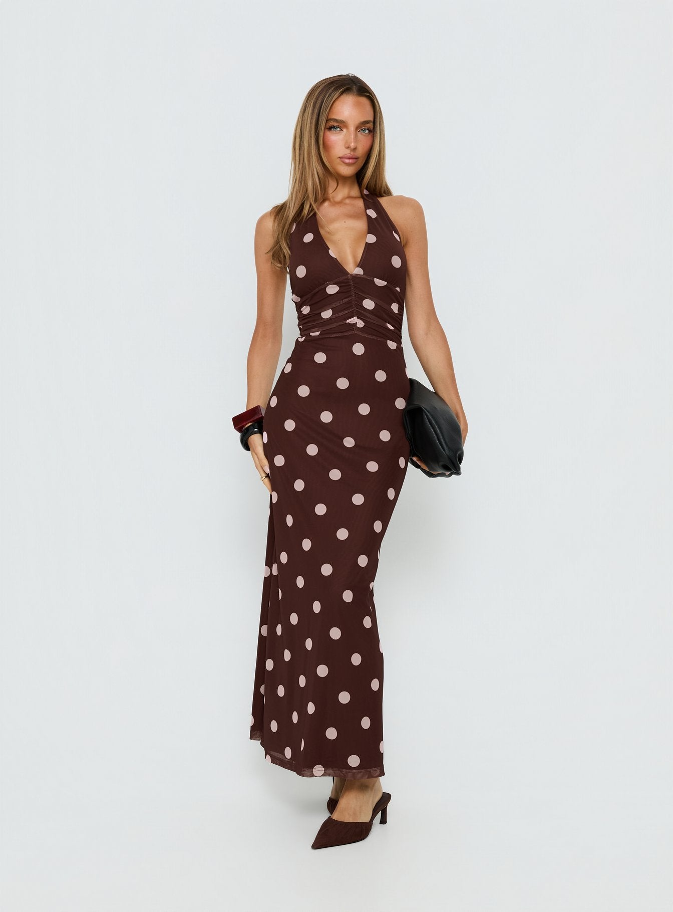 Saviana Halter Ruched Maxi Dress Chocolate / Pink Polka Dot - Image 2