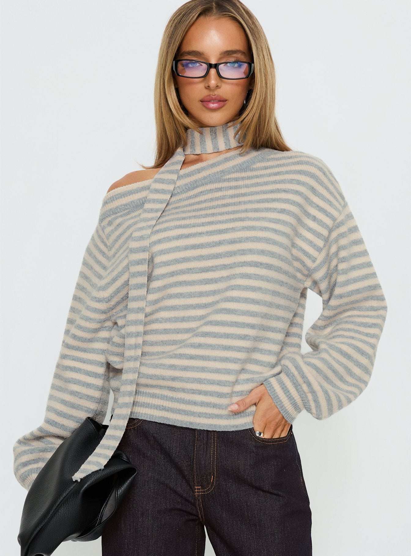 Ruthi Scarf Off Shoulder Knit Sweater Neutral Stripe - Image 2