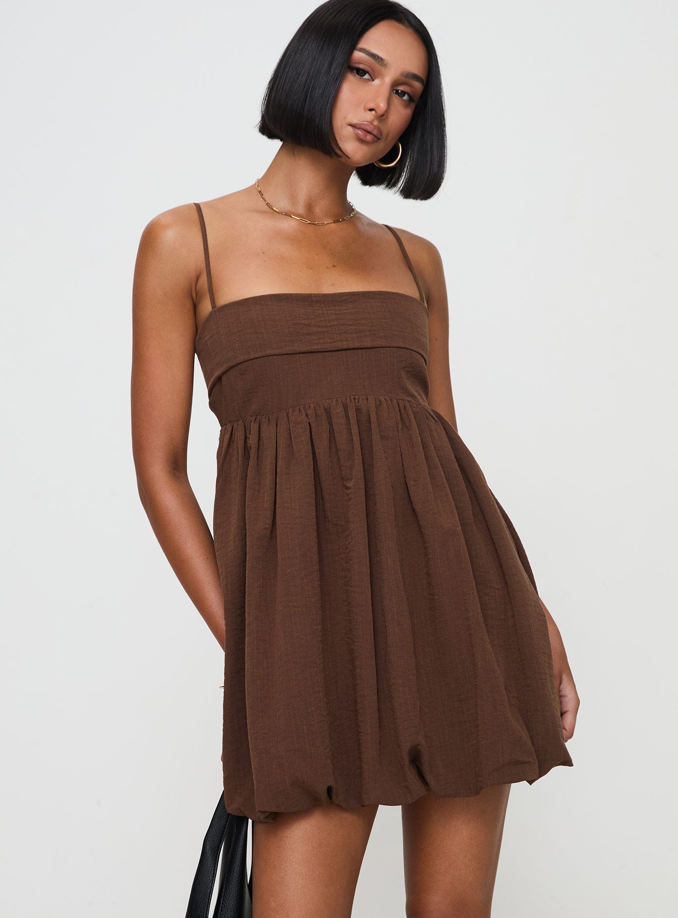 Layken Bubble Hem Mini Dress Chocolate Tall - Image 2