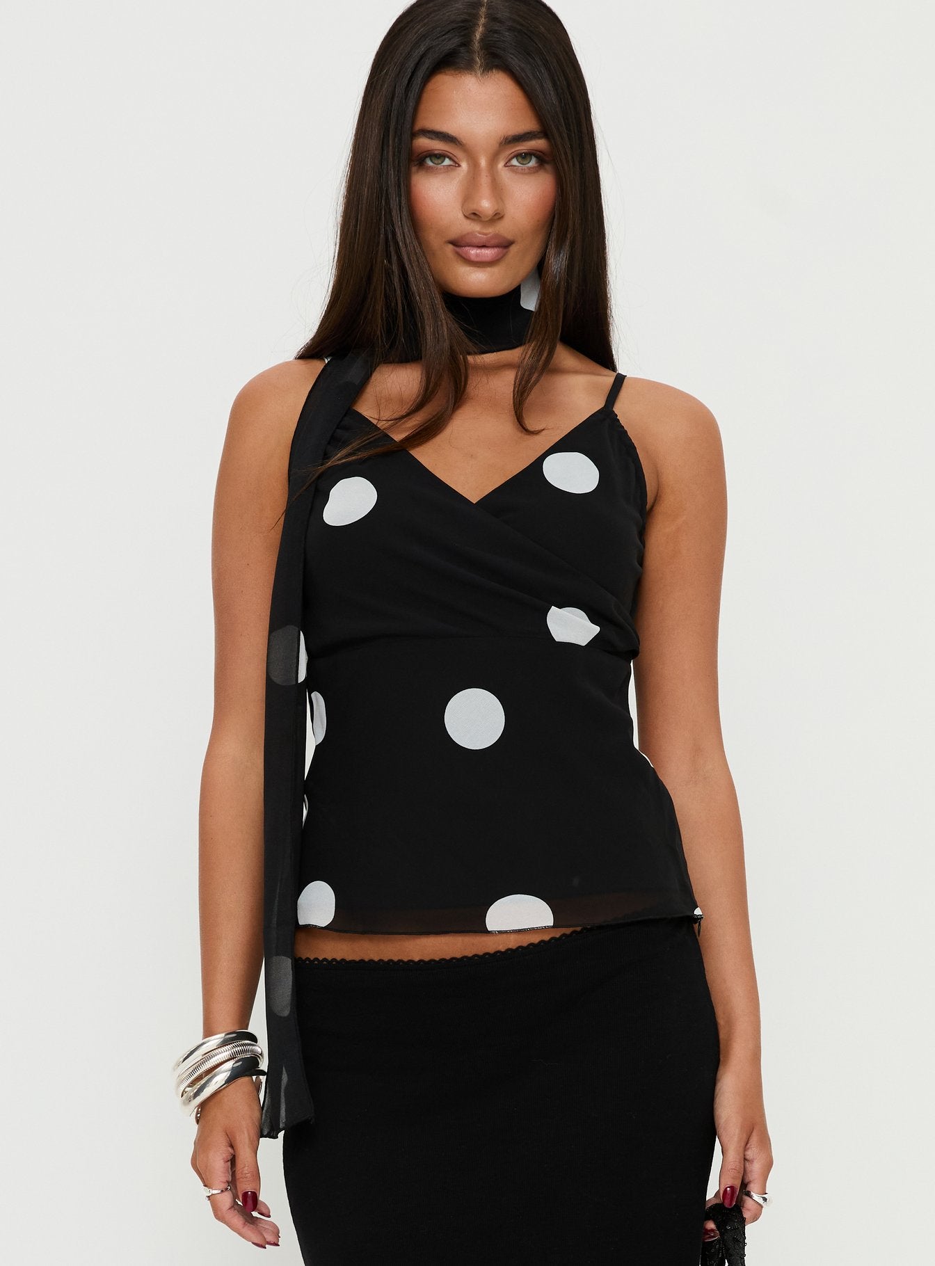 Jenae Scarf Detail Cami Top Black / White Polka - Image 2