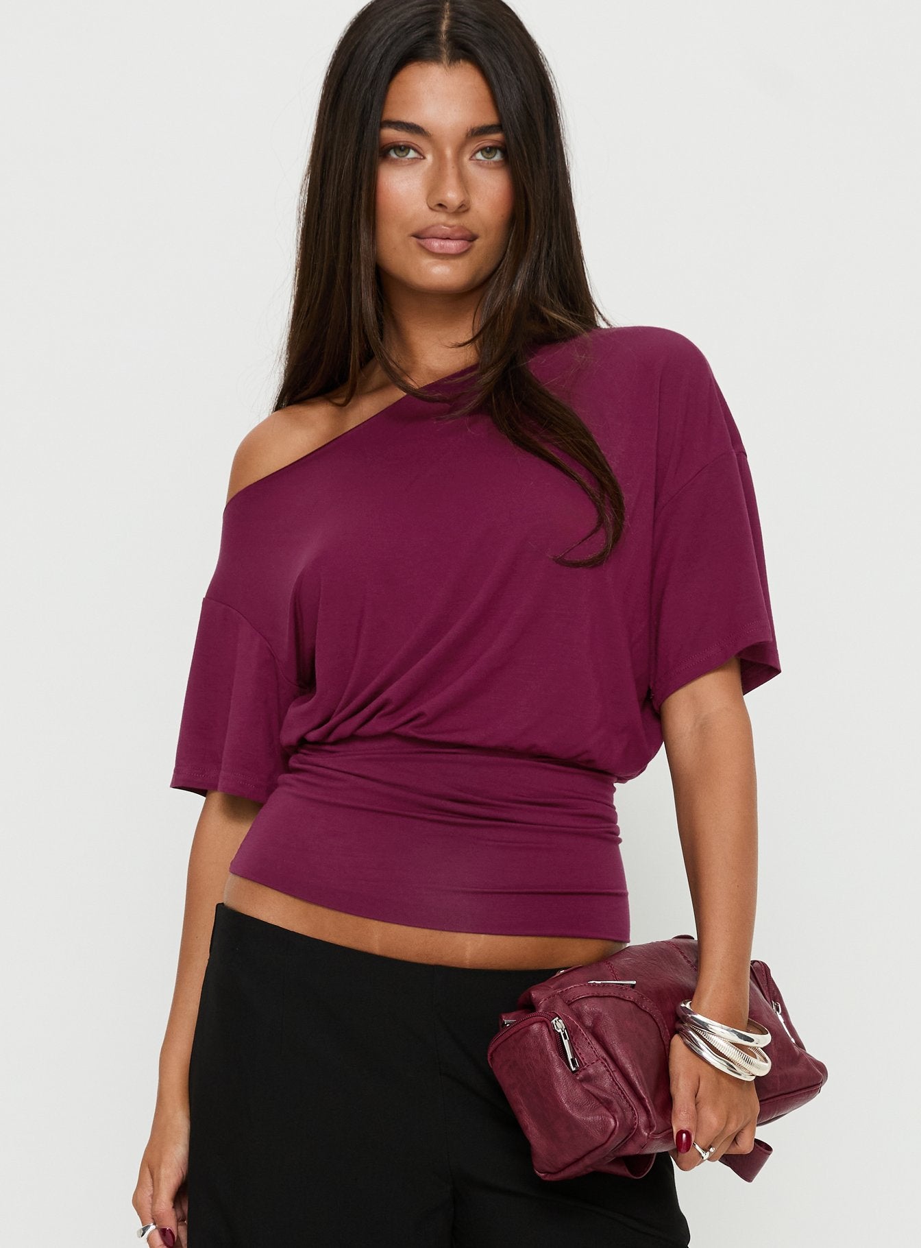 Ashlinn Off Shoulder Drapey Top Cherry Lacquer - Image 2
