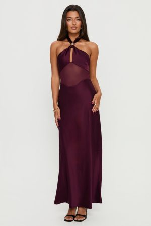 Rosario Halter Sheer Maxi Dress Plum