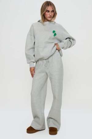 Princess Polly Wide Leg Track Pant Bubble Text Grey Marle / Green