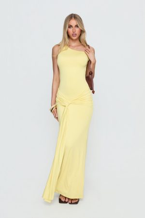 Get Lucky Drape One Shoulder Maxi Dress Lemon Yellow