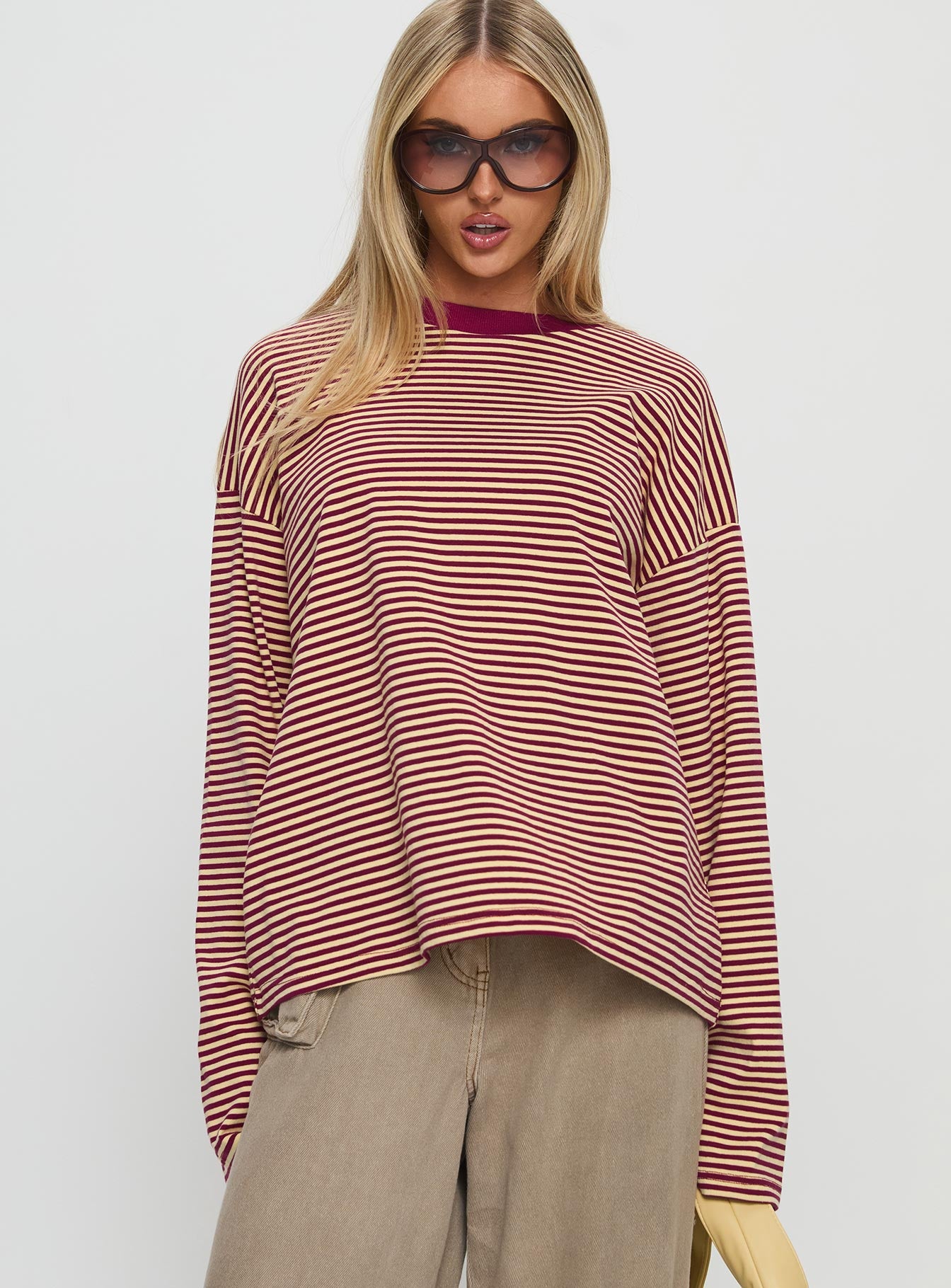 Settle Down Long Sleeve Top Lemon / Burgundy Stripe - Image 2